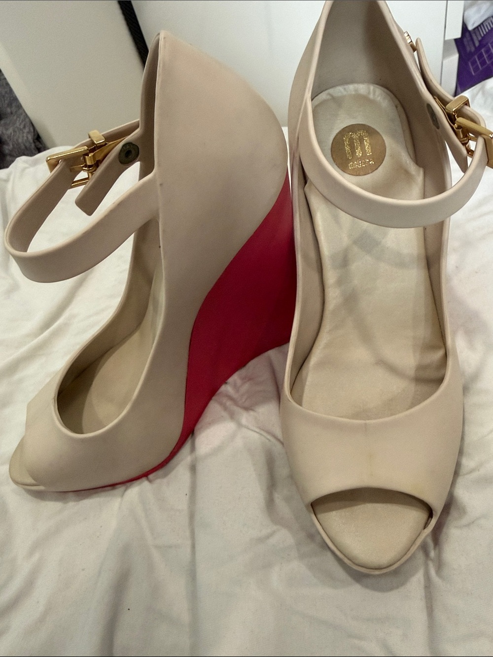 Melissa Women's Nude Peep-Toe Wedges with Red Sole